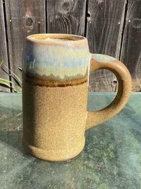 Padilla Signed Ceramic Art Pottery Mug Tan Blue Brown Drip Glaze 24oz